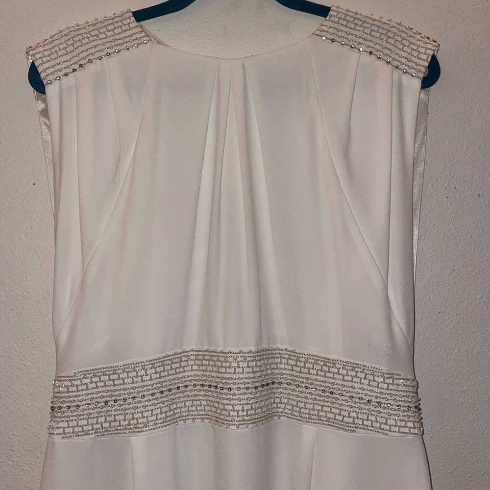 Elegant Tahari White Sleeveless Dress with Silver Beaded Accents